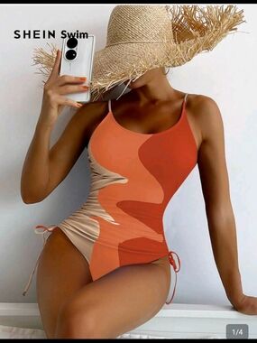 SHEIN Orange & Beige Abstract Colorblock One-Piece Swimsuit